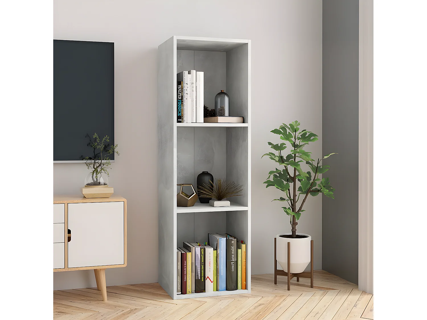 Boekenkast/tv-meubel 36x30x114 cm bewerkt hout betongrijs