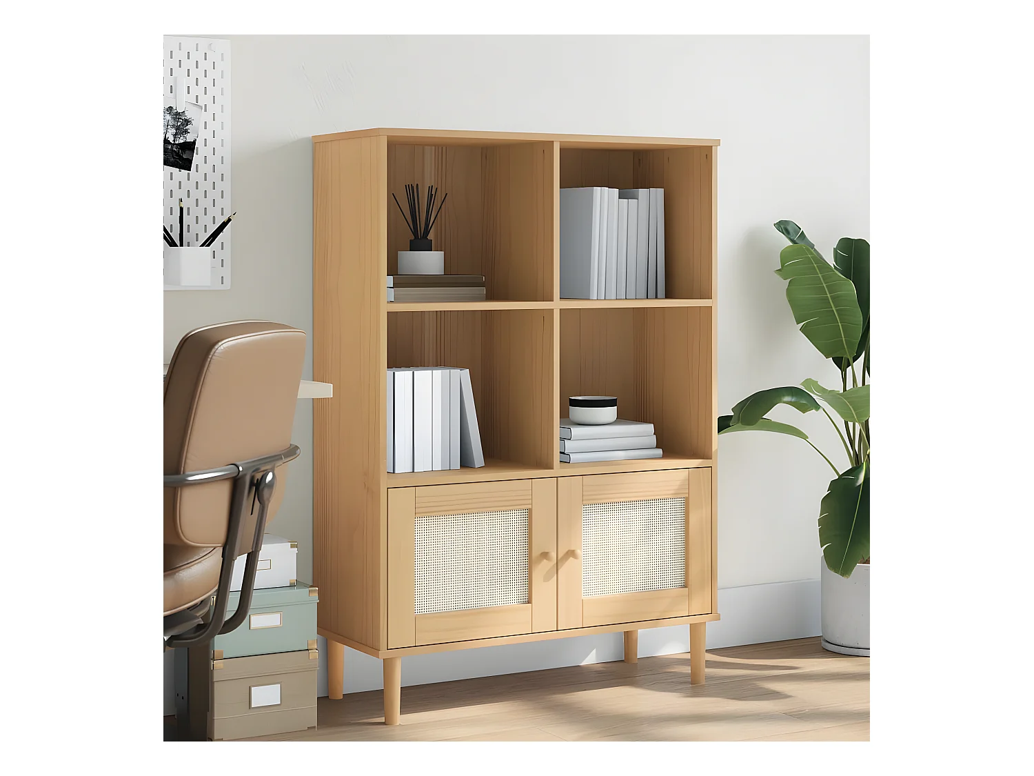 Boekenkast SENJA rattan-look 90x35x130 cm grenenhout bruin