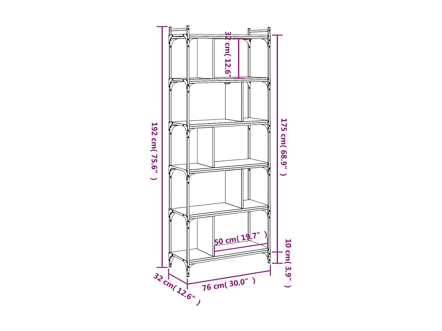 Boekenkast 6-laags 76x32x192 cm bewerkt hout grijs sonoma