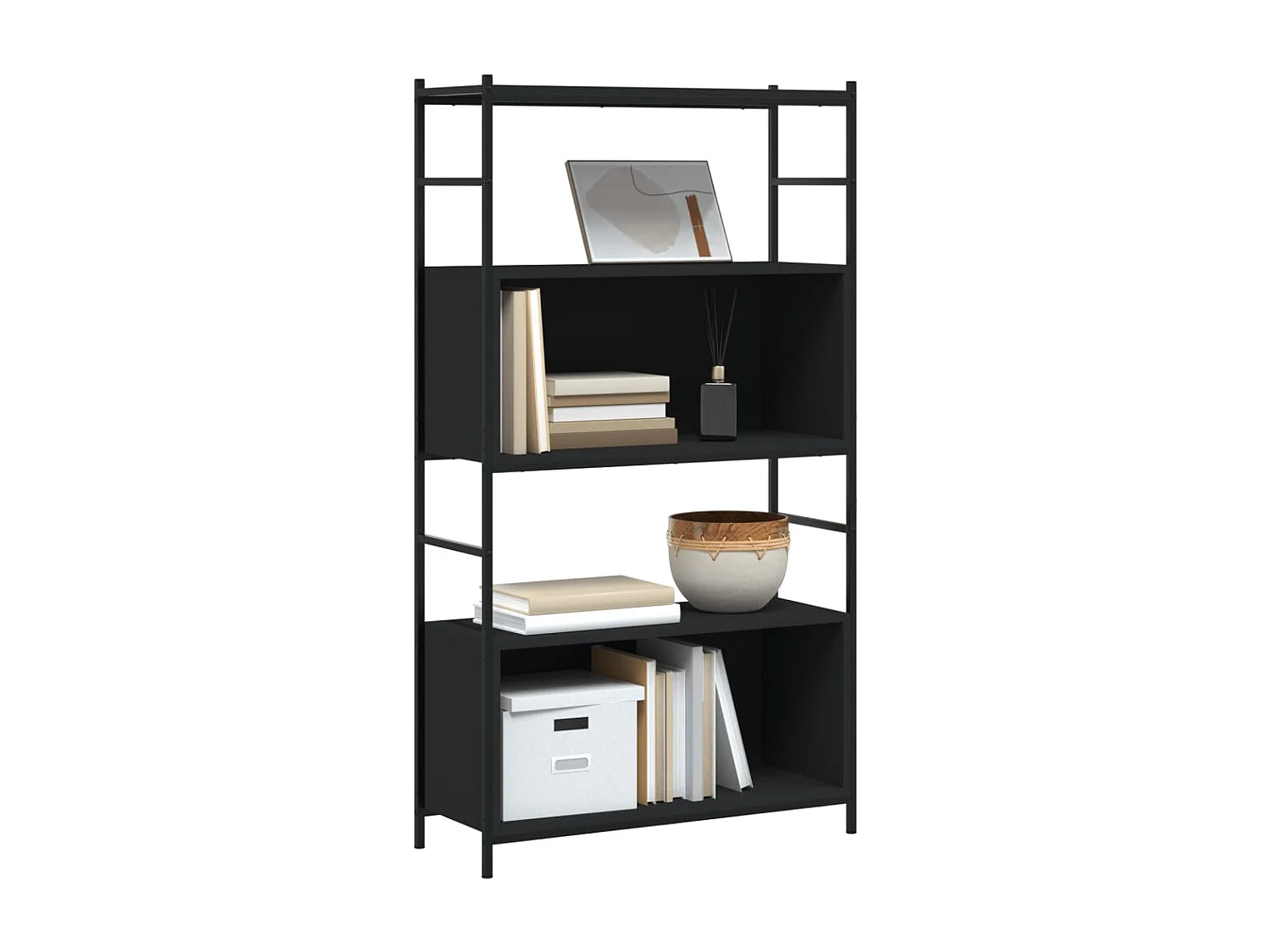 Bibliothèque noir 80x30x145,5 cm bois d'ingénierie et fer