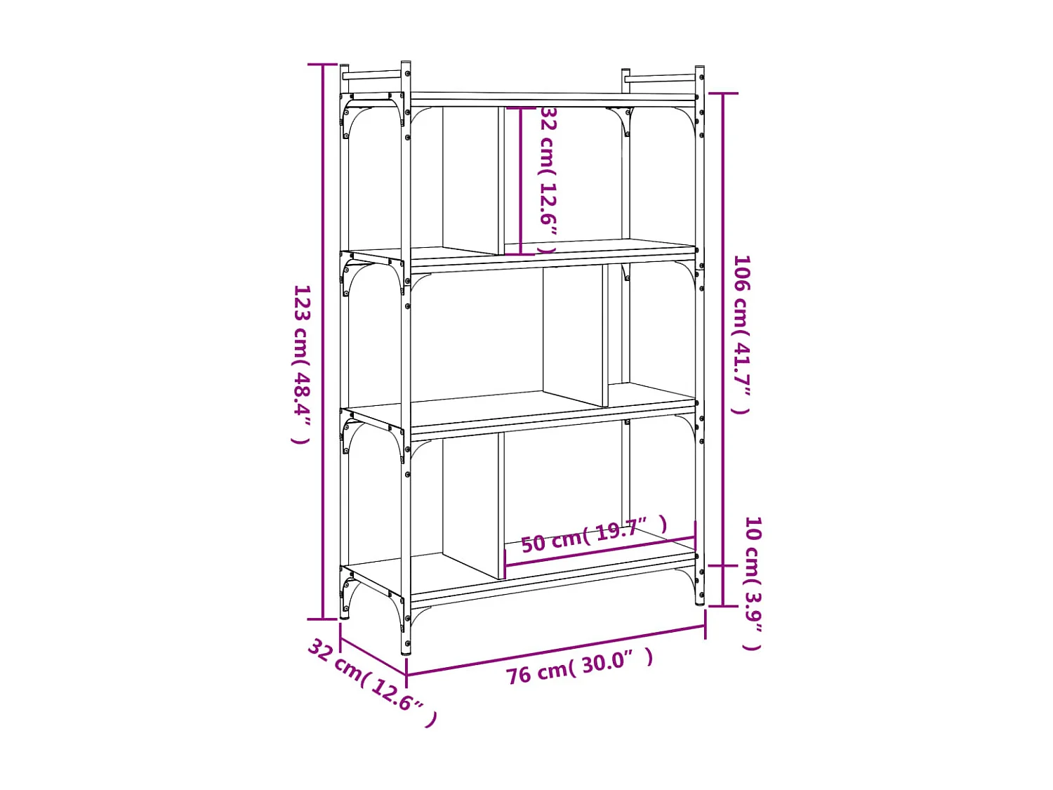 Bibliothèque 4 niveaux chêne fumé 76x32x123cm bois d'ingénierie