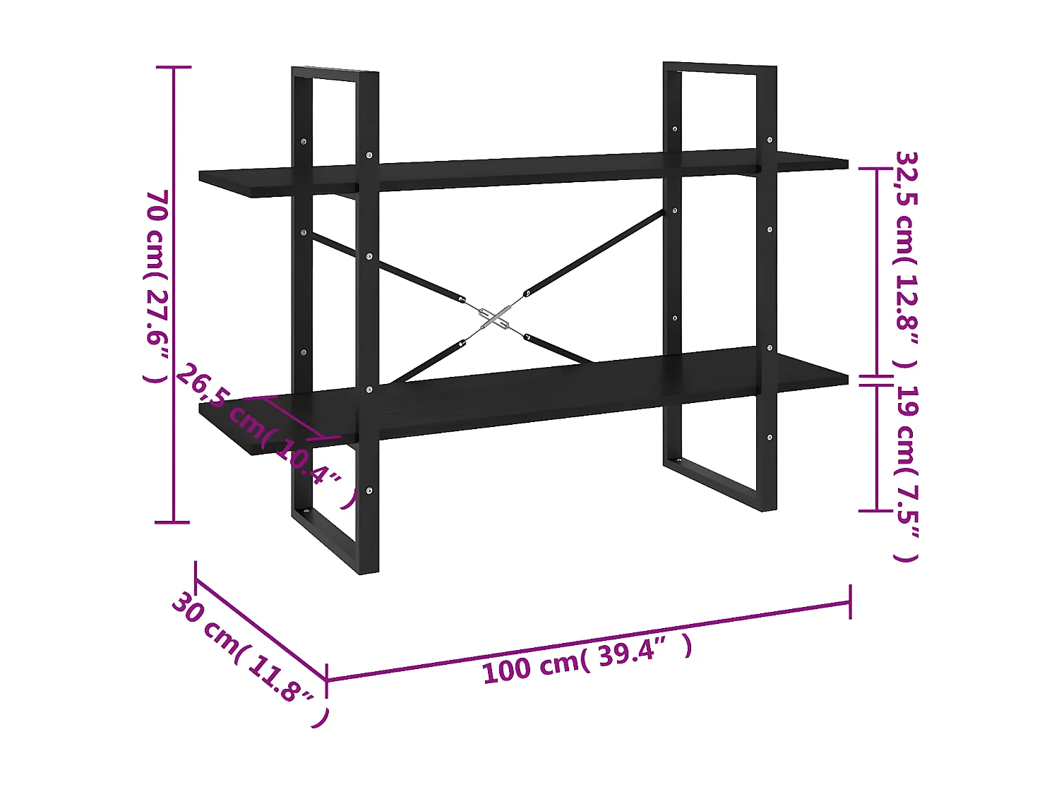 Bibliothèque à 2 niveaux Noir 100x30x70 cm Bois de pin massif