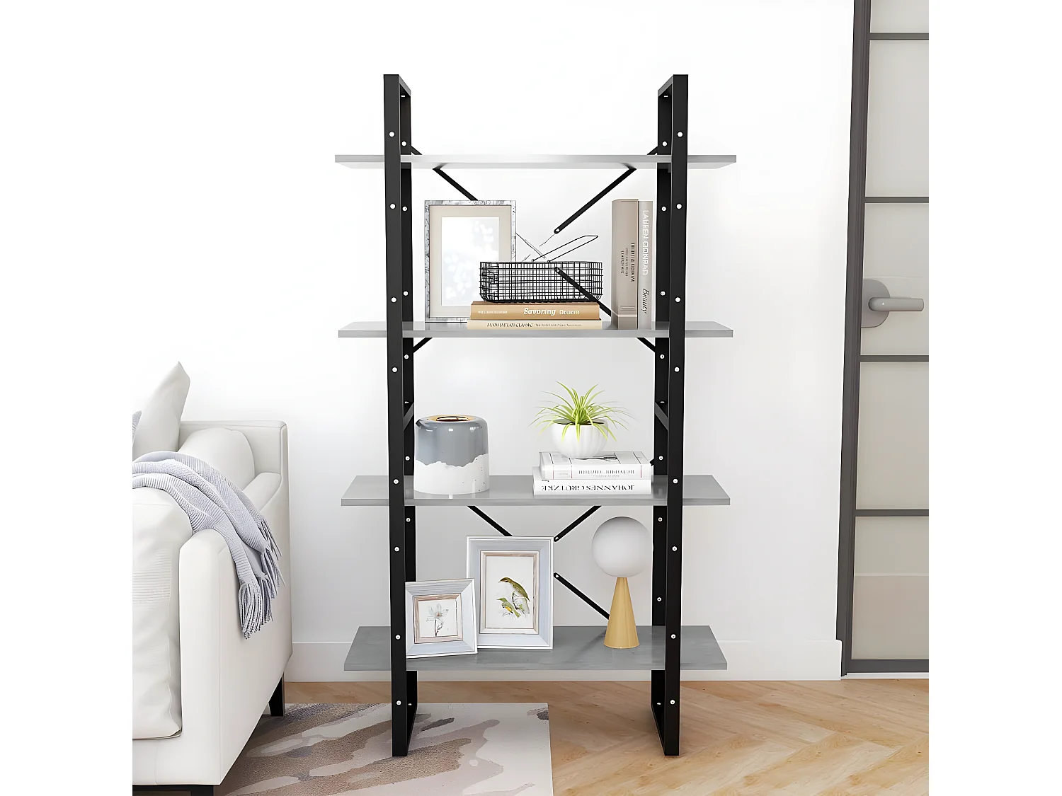 Bibliothèque à 4 niveaux Gris béton 80x30x140 cm Aggloméré