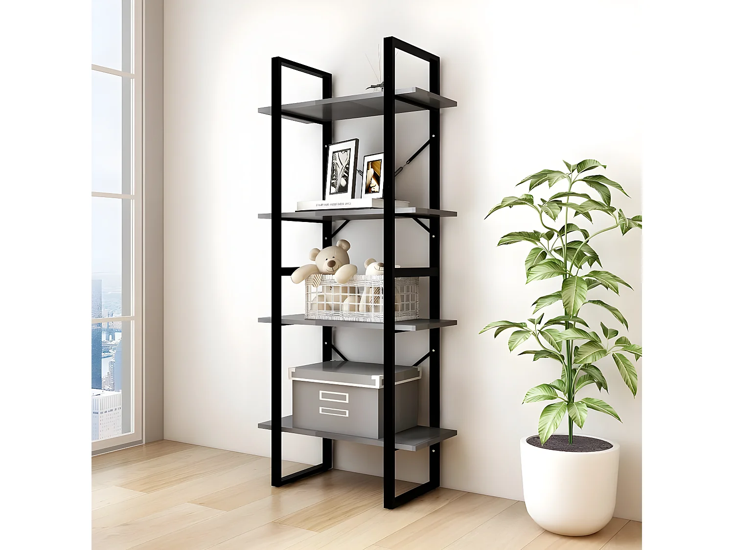 Bibliothèque à 4 niveaux Gris 60x30x140 cm Bois de pin massif