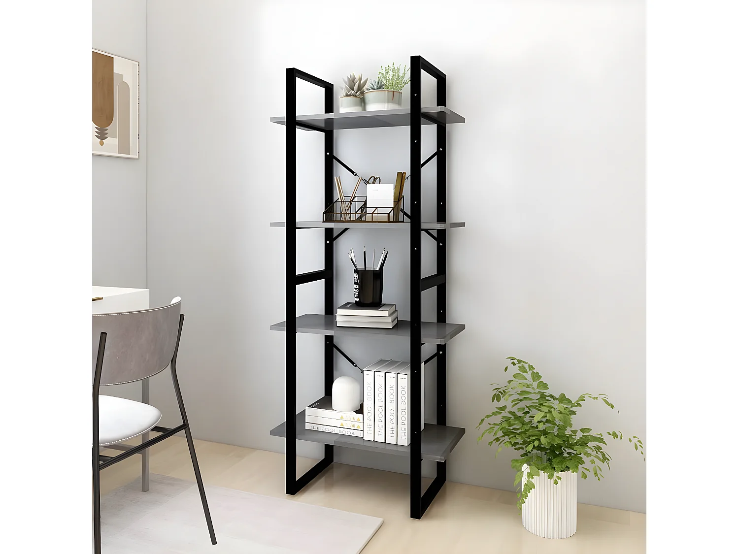 Bibliothèque à 4 niveaux Gris 60x30x140 cm Bois de pin massif