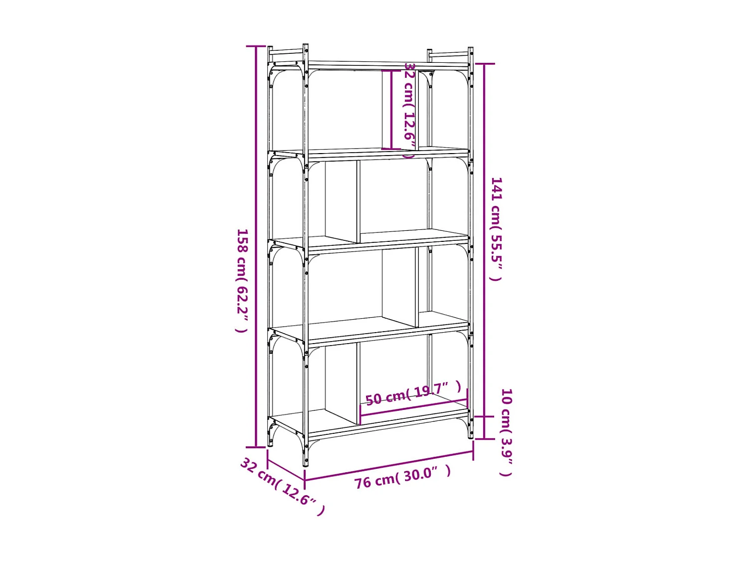 Bibliothèque 5 niveaux chêne fumé 76x32x158cm bois d'ingénierie