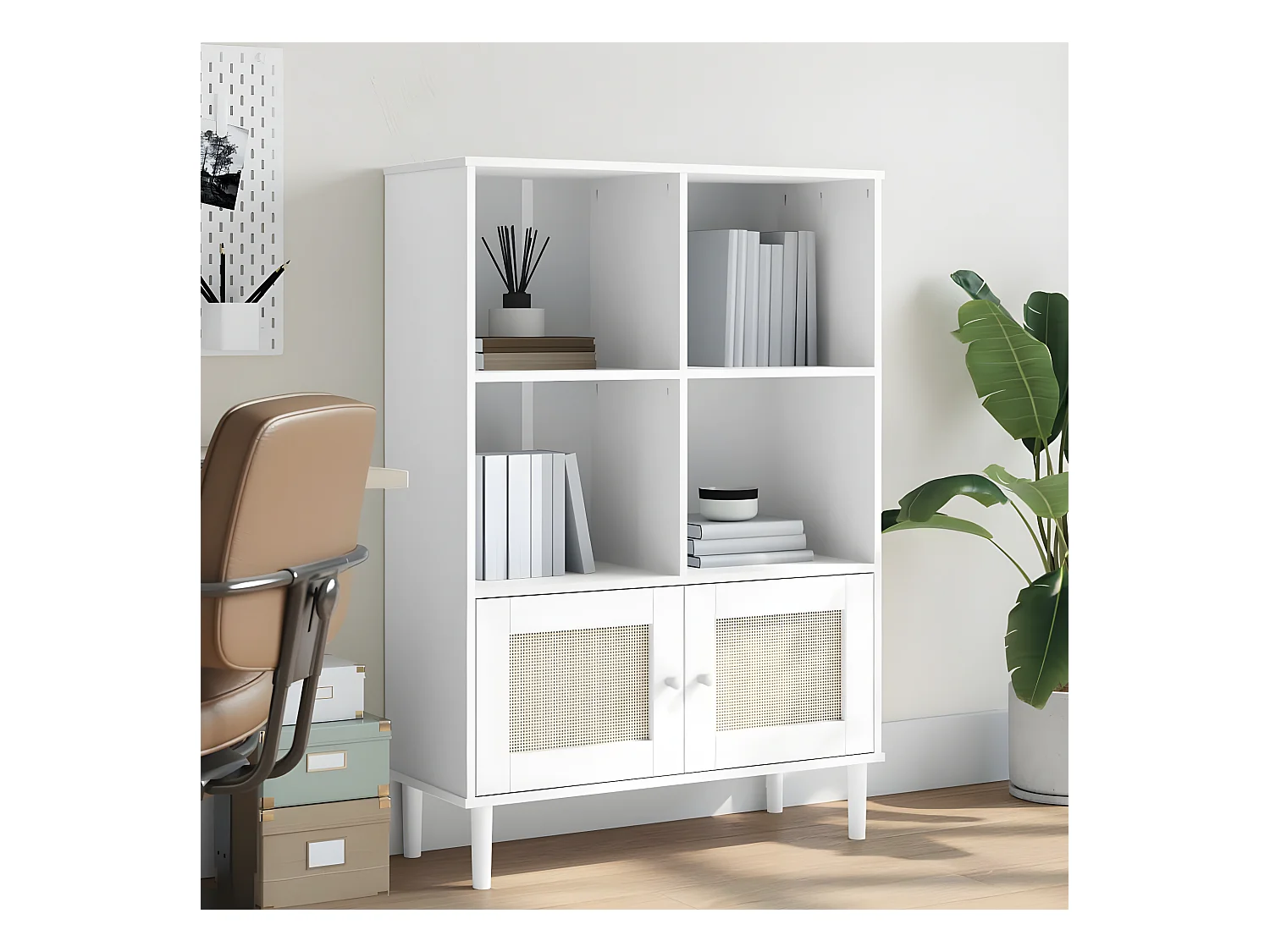 Estantería SENJA aspecto ratán madera pino blanco 90x35x130 cm