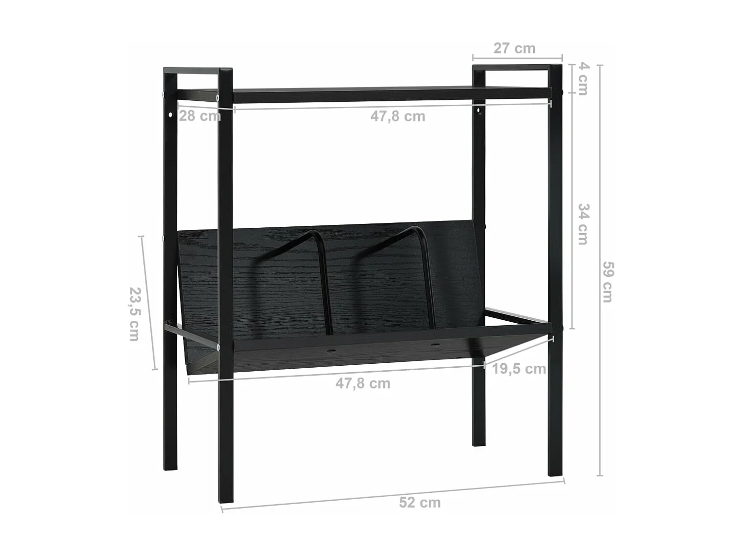 Estantería de 2 niveles de aglomerado negro 52x28x59 cm