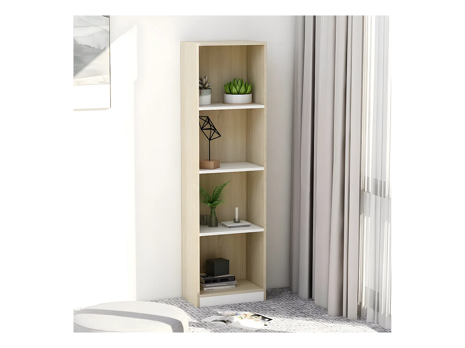 Bibliothèque à 4 niveaux Blanc et chêne 40x24x142 cm Aggloméré