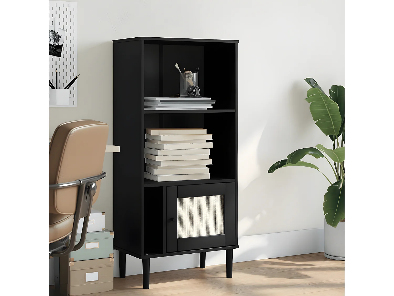 Bibliothèque SENJA aspect de rotin noir bois massif de pin