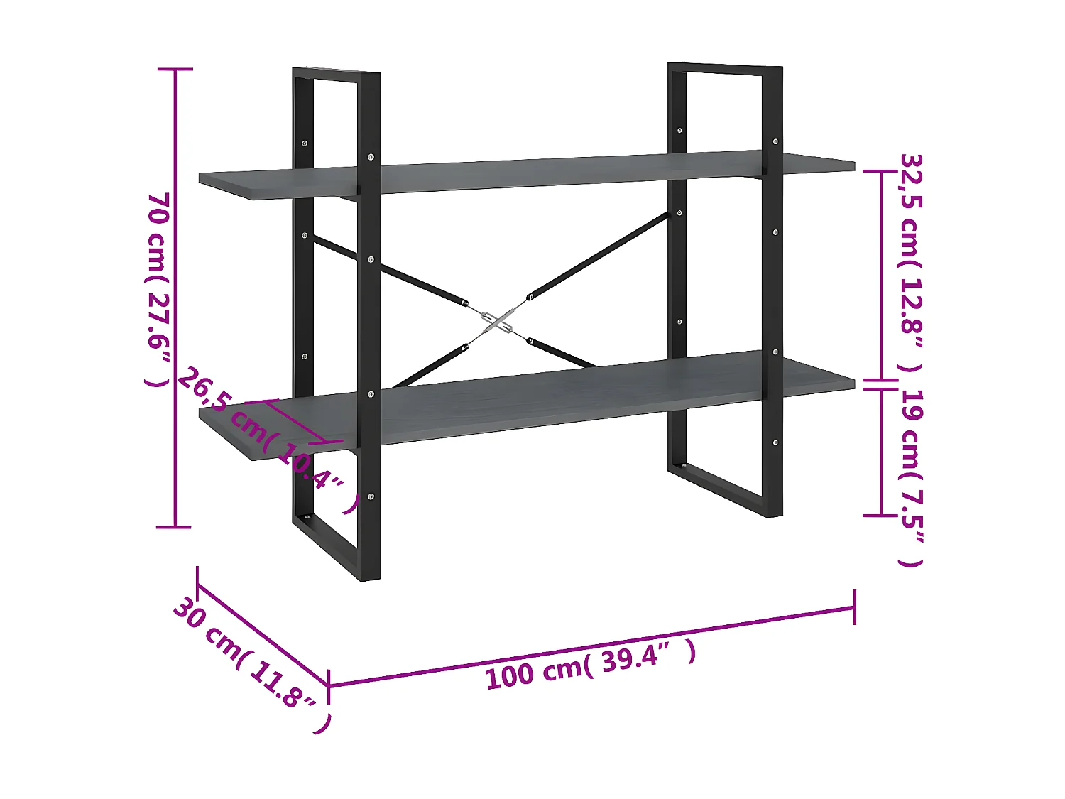 Boekenkastukkenmet 2 schappen 100x30x70 cm massief grenenhout grijs