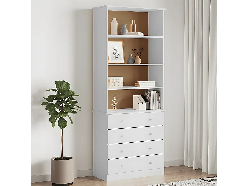 Bibliothèque tiroirs ALTA blanc 77x35x186,5cm bois massif pin