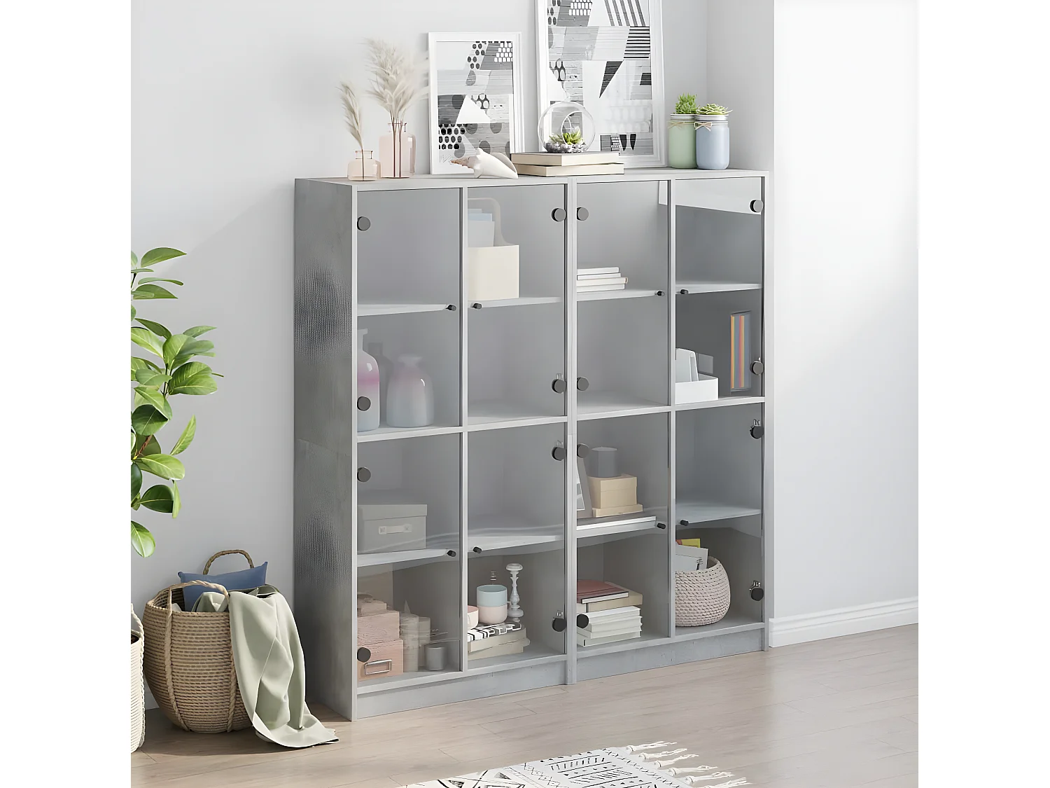 Bibliothèque avec portes gris béton 136x37x142 cm