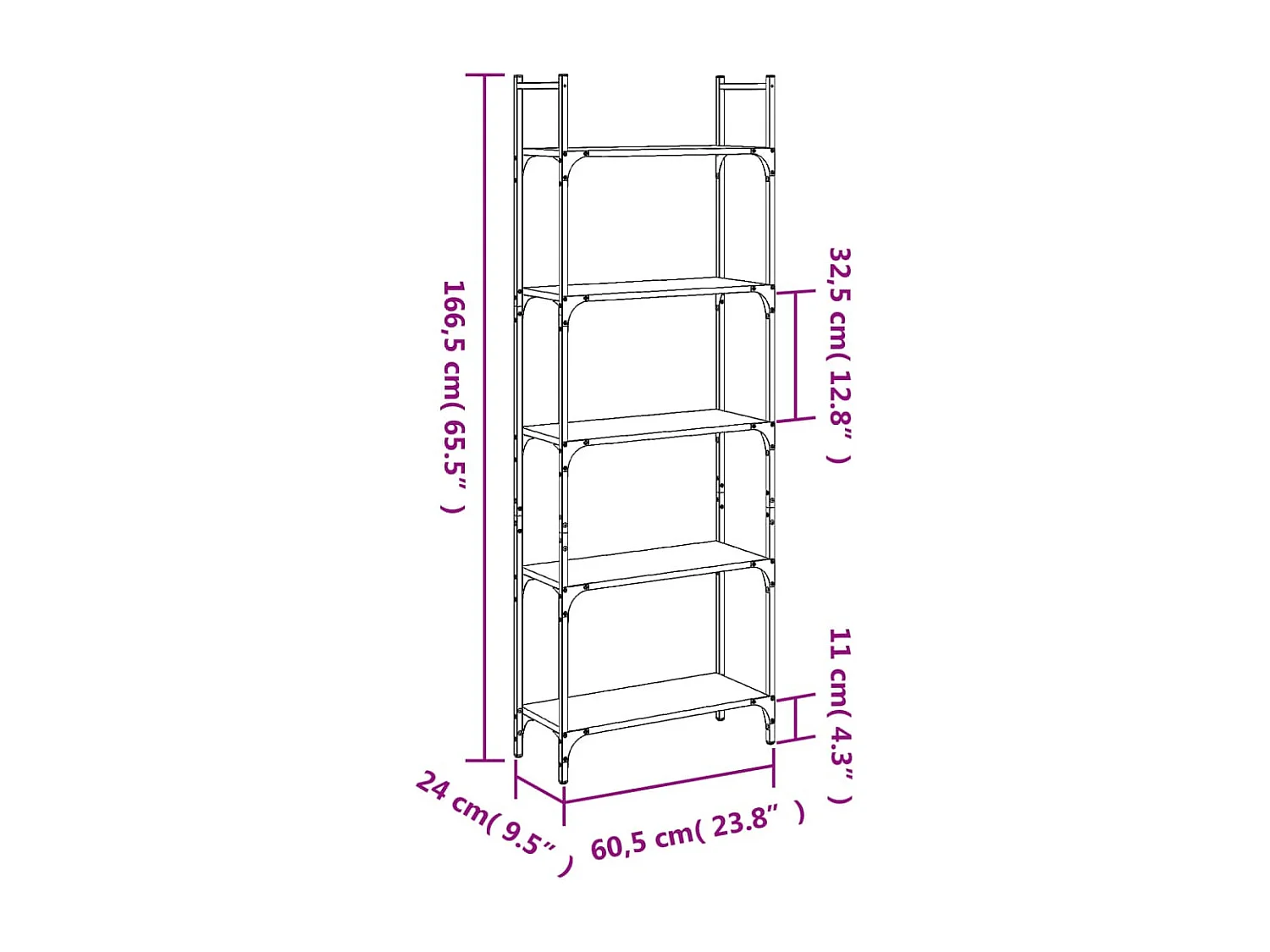 Boekenkast 5-laags 60,5x24x166,5 cm bewerkt hout grijs sonoma
