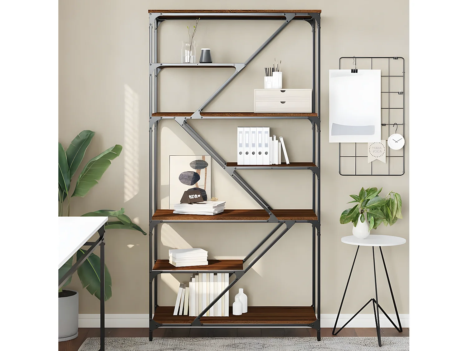 Bibliothèque chêne marron 91x36x176 cm bois ingénierie et acier