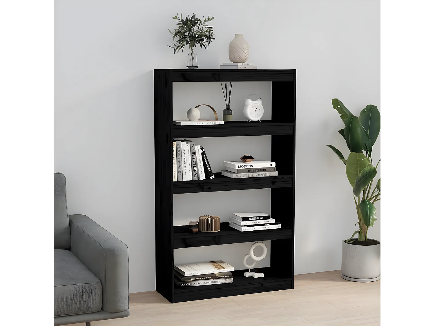 Bibliothèque/Séparateur de pièce Noir 80x30x135,5 cm Pin solide