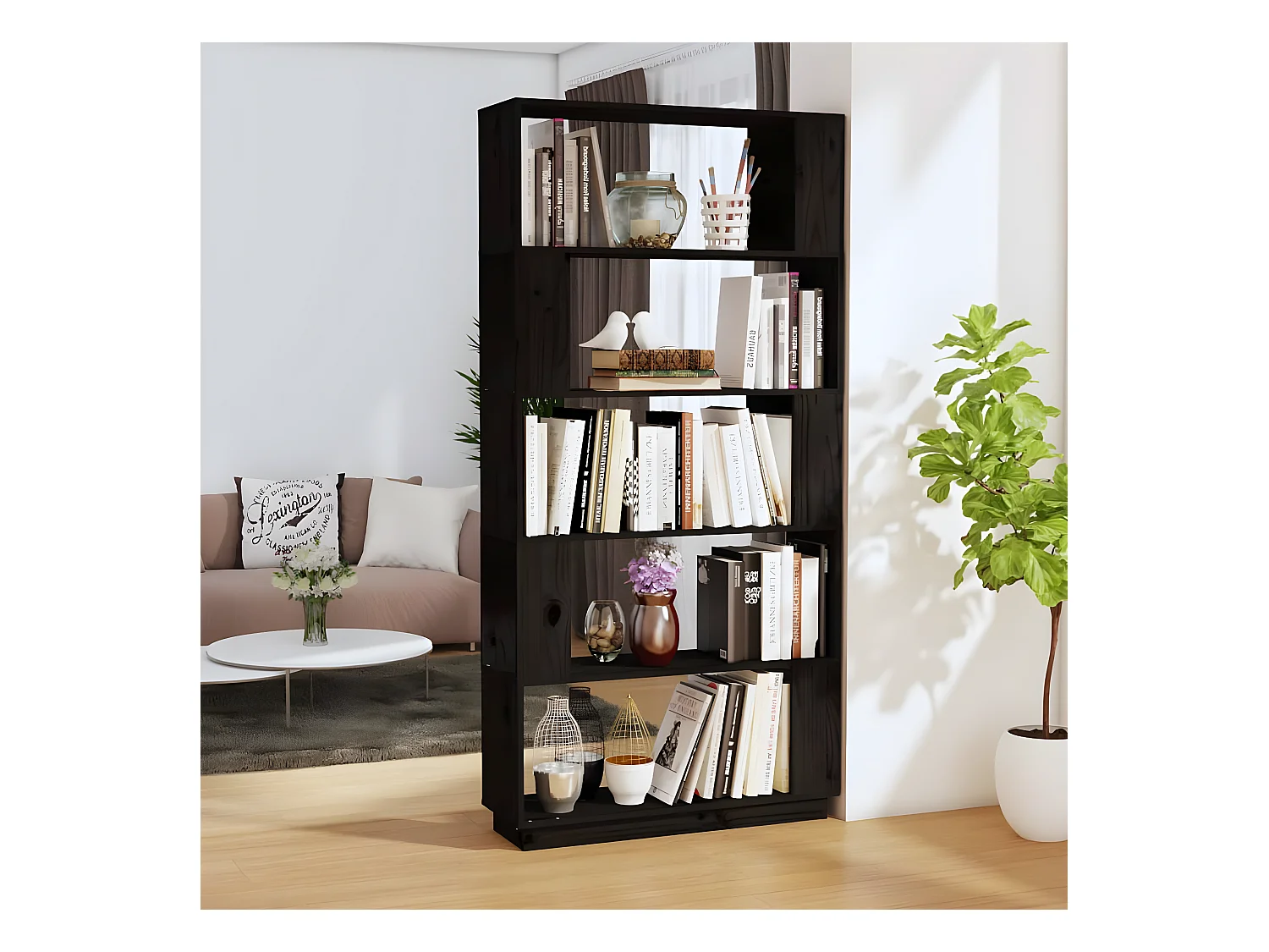 Bibliothèque/Séparateur de pièce Noir 80x25x163,5 cm Pin solide