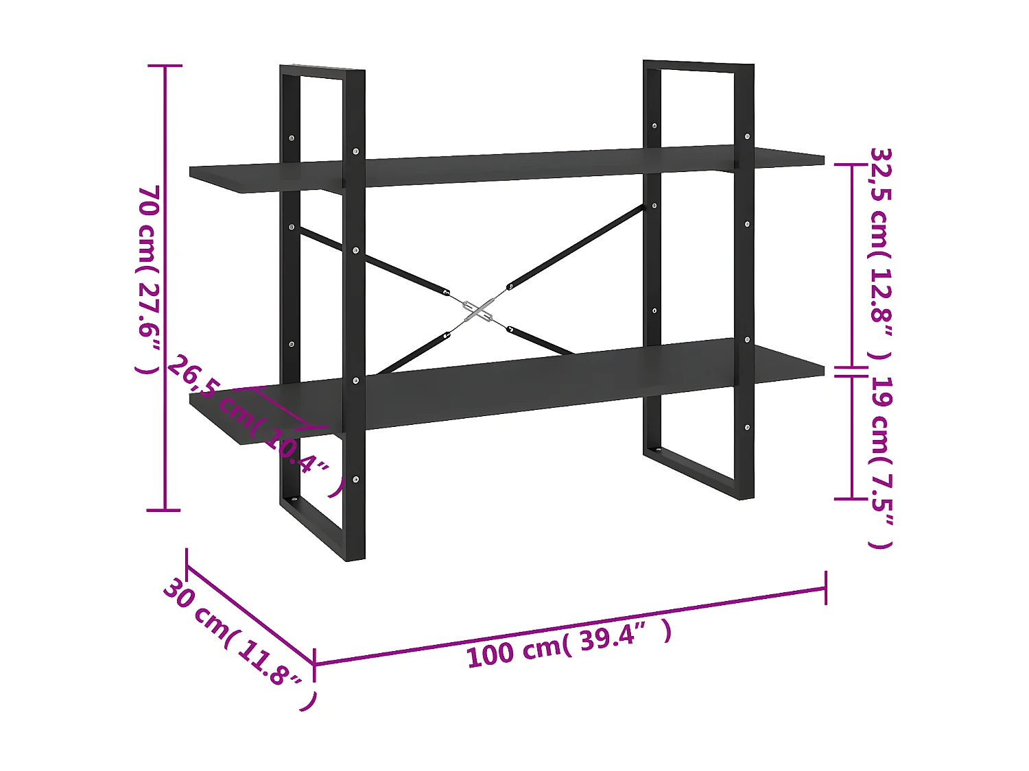 Bibliothèque à 2 niveaux Gris 100x30x70 cm Aggloméré