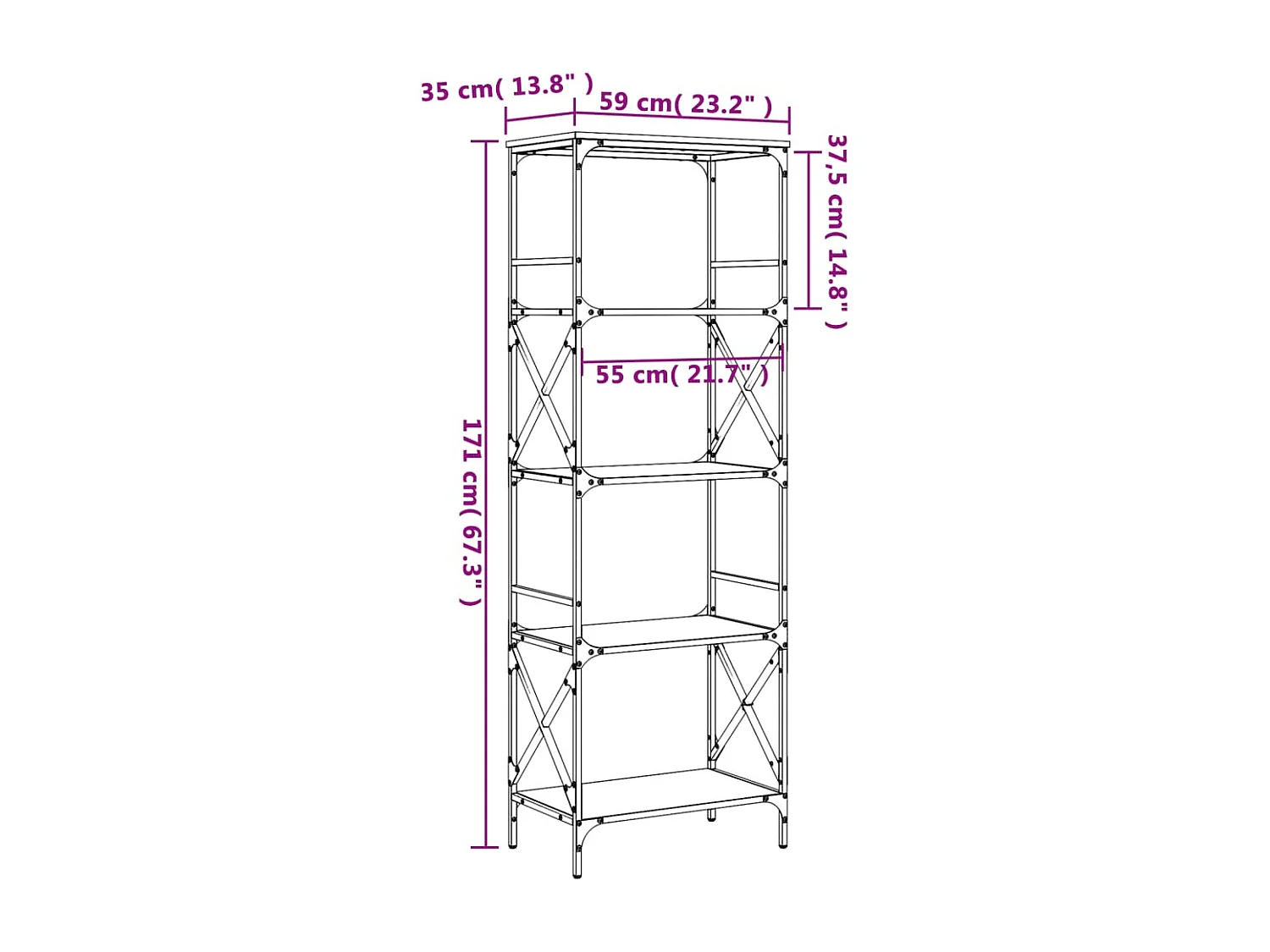 Bibliothèque à 5 niveaux chêne marron 59x35x171 cm