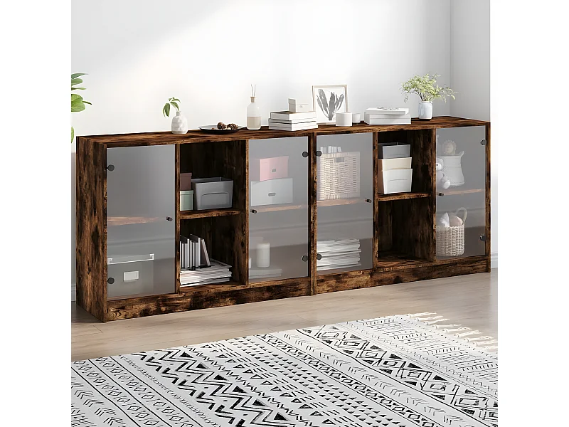 Bibliothèque avec portes chêne fumé 204x37x75 cm