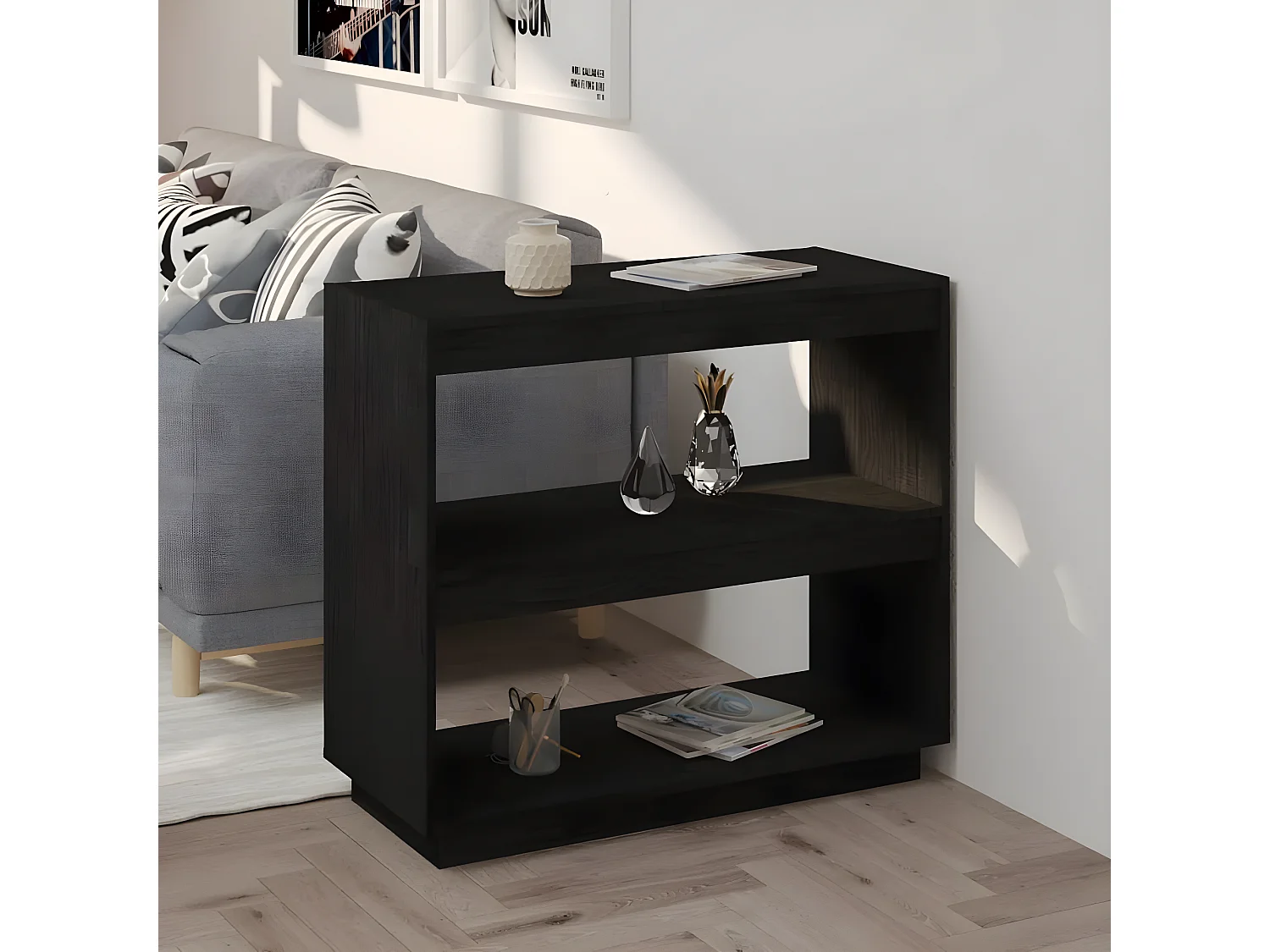 Estantería de madera maciza de pino negra 80x35x71 cm
