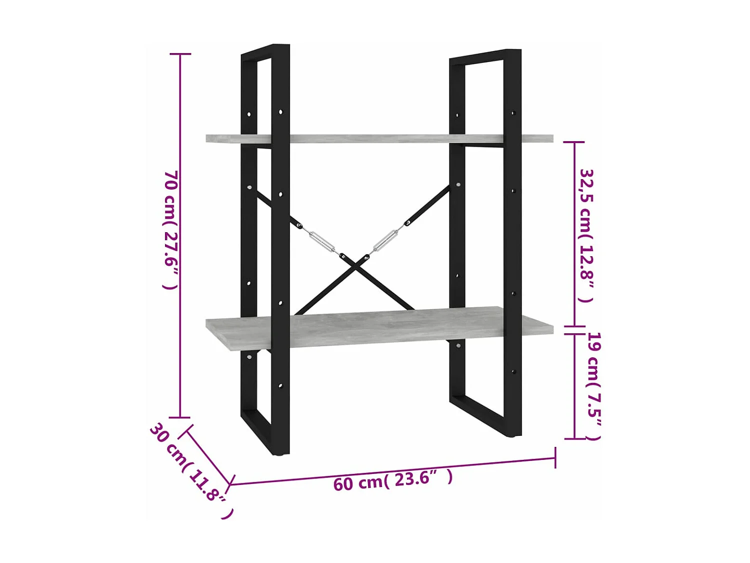 Boekenkast met 2 schappen 60x30x70 cm bewerkt hout betongrijs