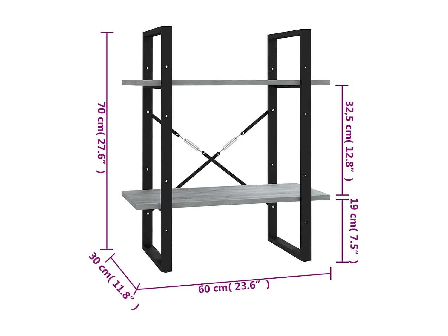 Bibliothèque 2 niveaux Sonoma gris 60x30x70cm Bois d'ingénierie