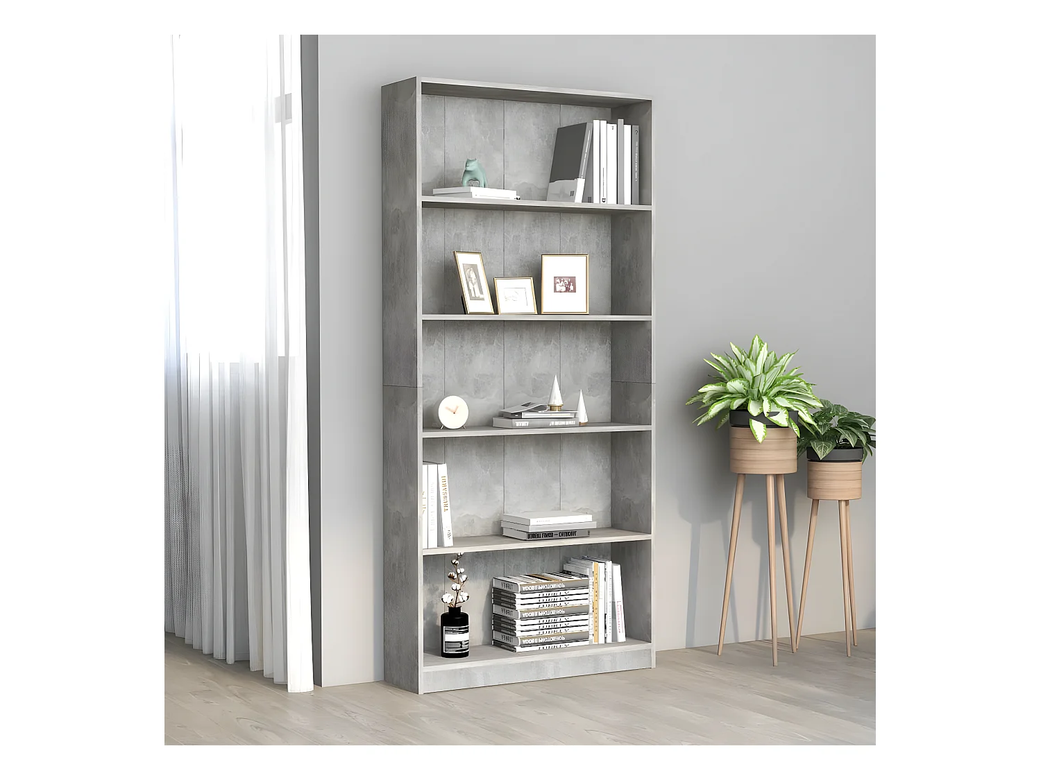 Bibliothèque à 5 niveaux Gris béton 80x24x175 cm Aggloméré