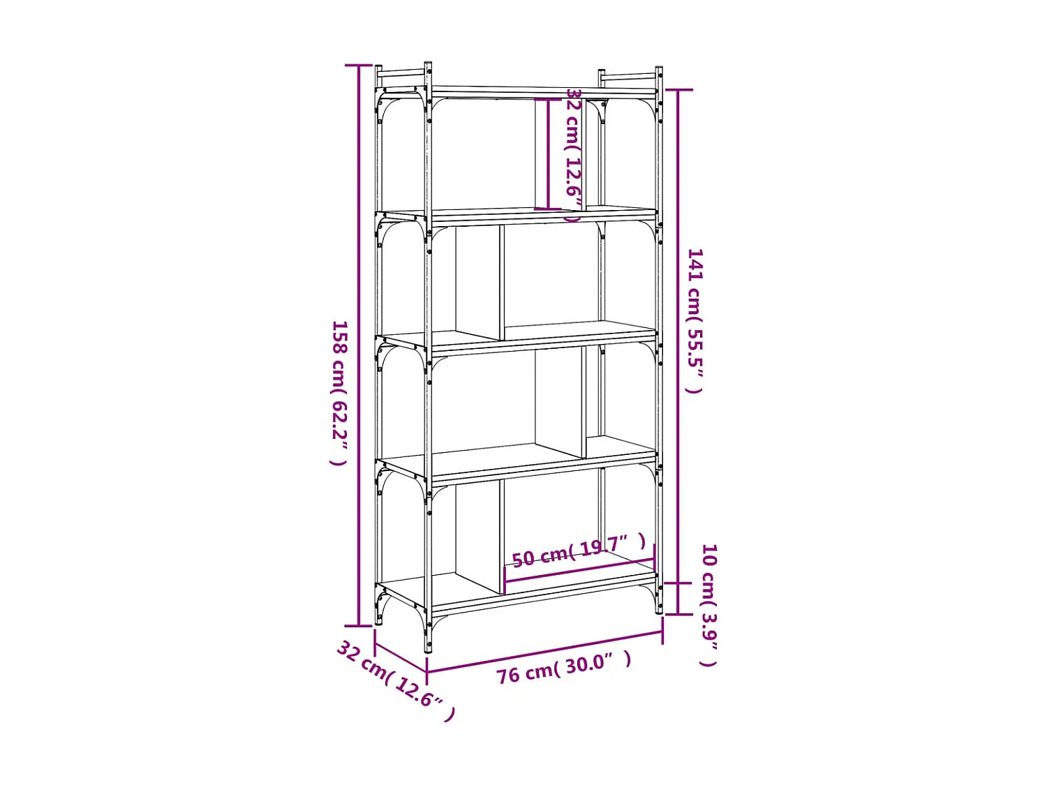 Boekenkast 5-laags 76x32x158 cm bewerkt hout grijs sonoma