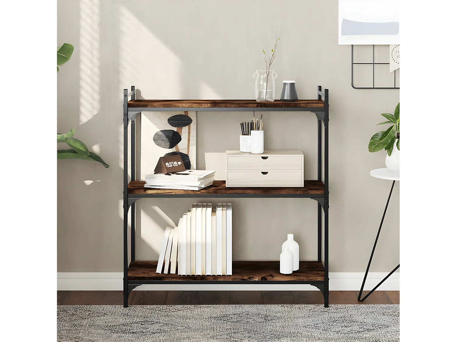 Bibliothèque 3 niveaux chêne fumé 80x30x86 cm bois d'ingénierie