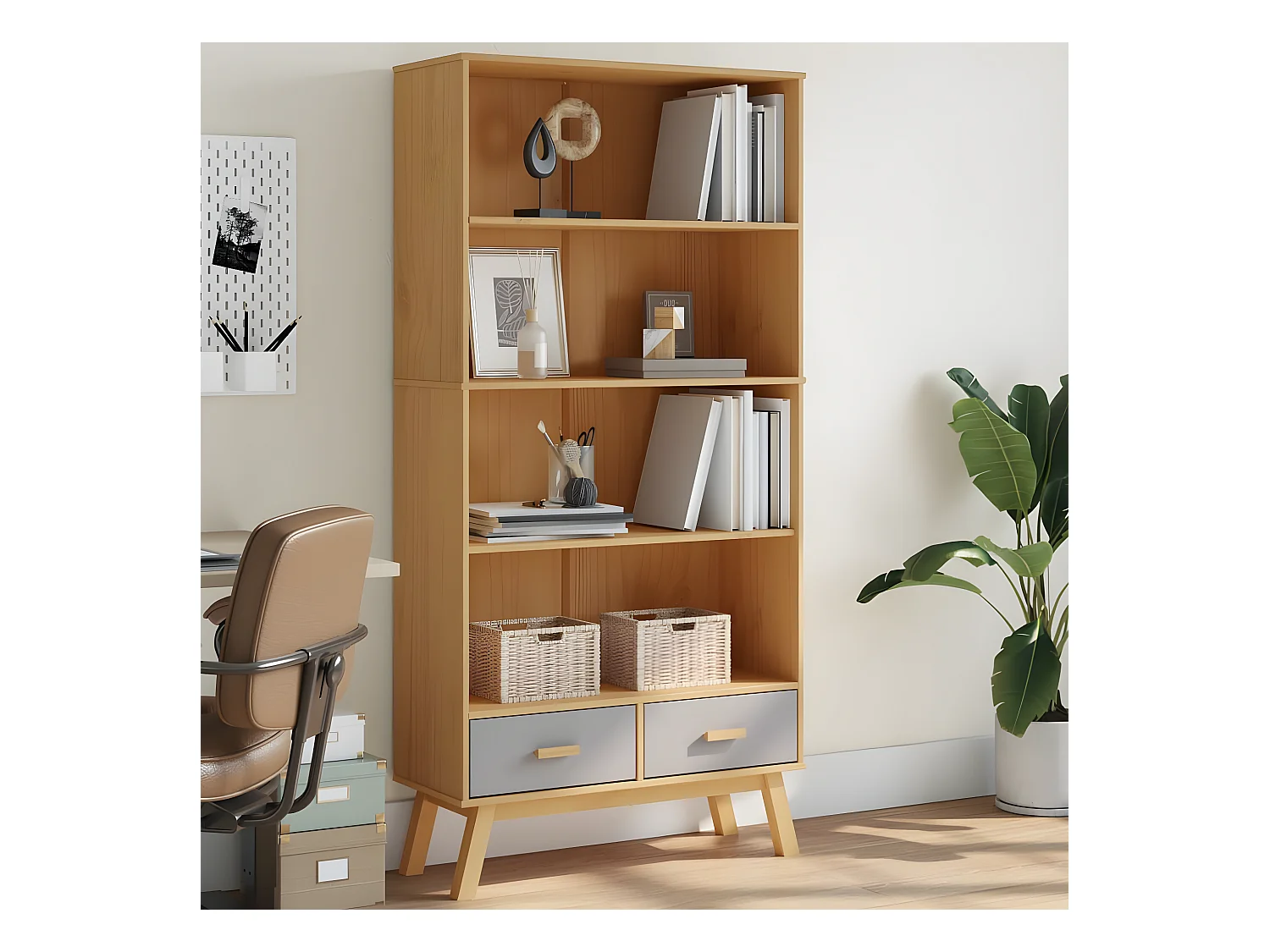 Bibliothèque à 4 niveaux OLDEN gris marron bois de pin massif