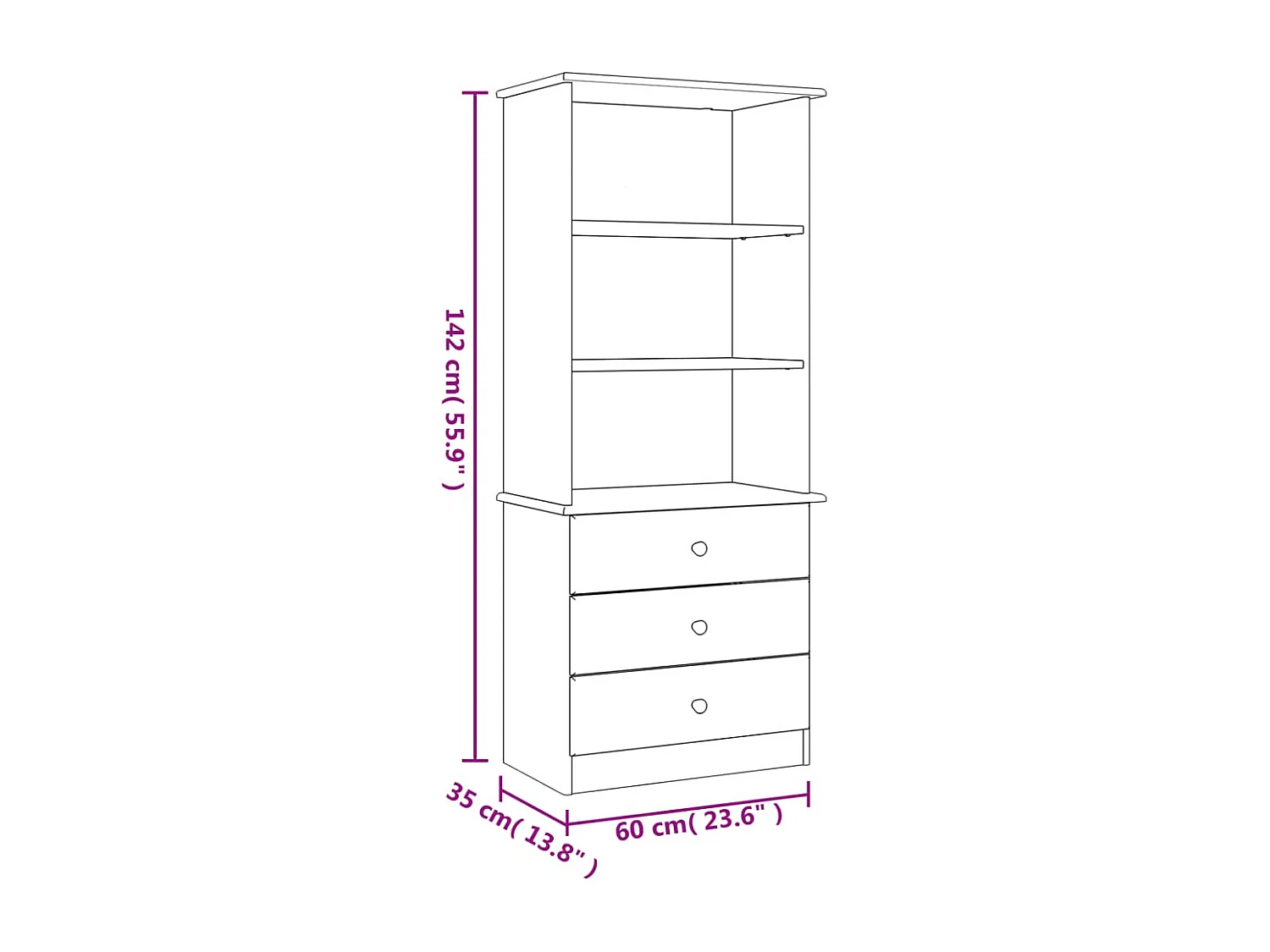Bibliothèque et tiroirs ALTA blanc 60x35x142 cm bois massif pin