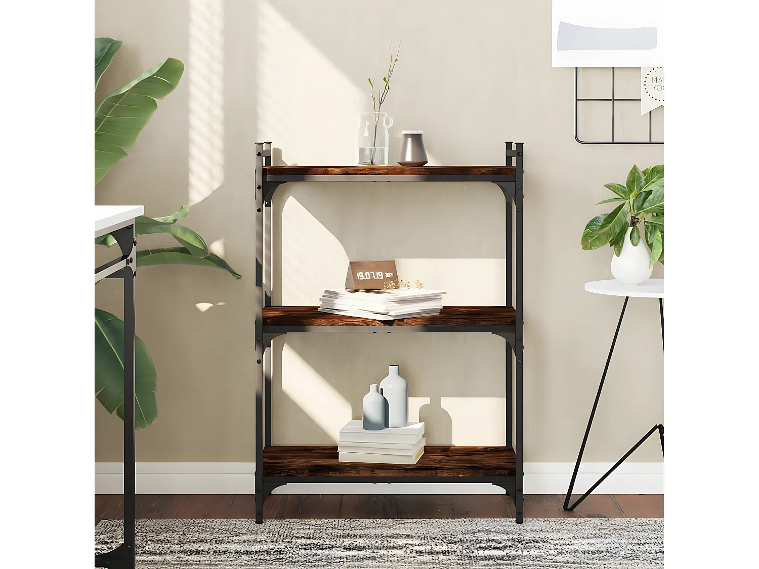 Bibliothèque 3 niveaux chêne fumé 60x30x86 cm bois d'ingénierie