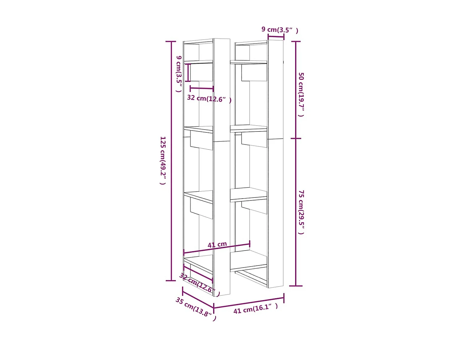 Boekenkast/kamerscherm 41x35x125 cm massief hout honingbruin