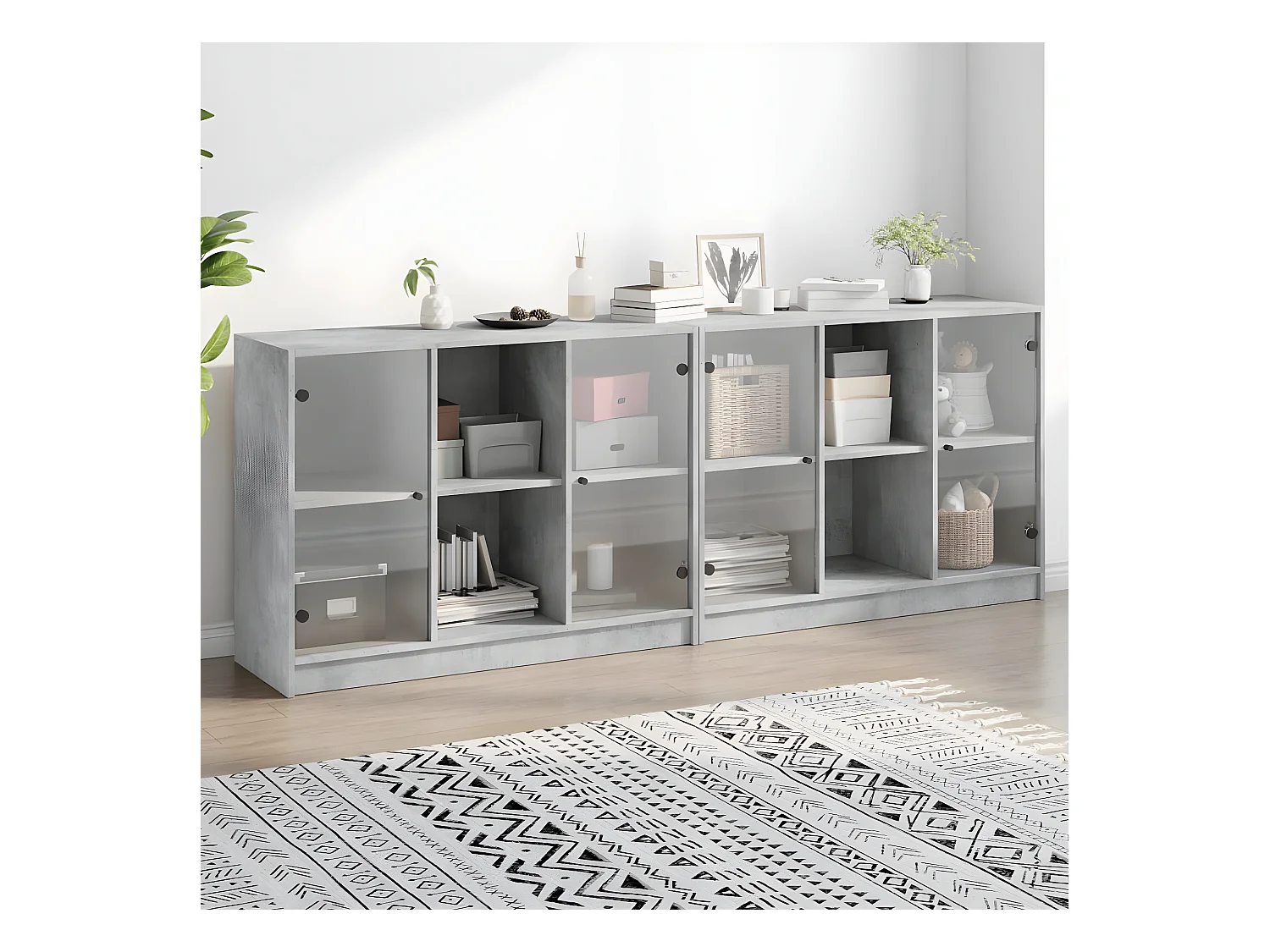 Bibliothèque avec portes gris béton 204x37x75 cm