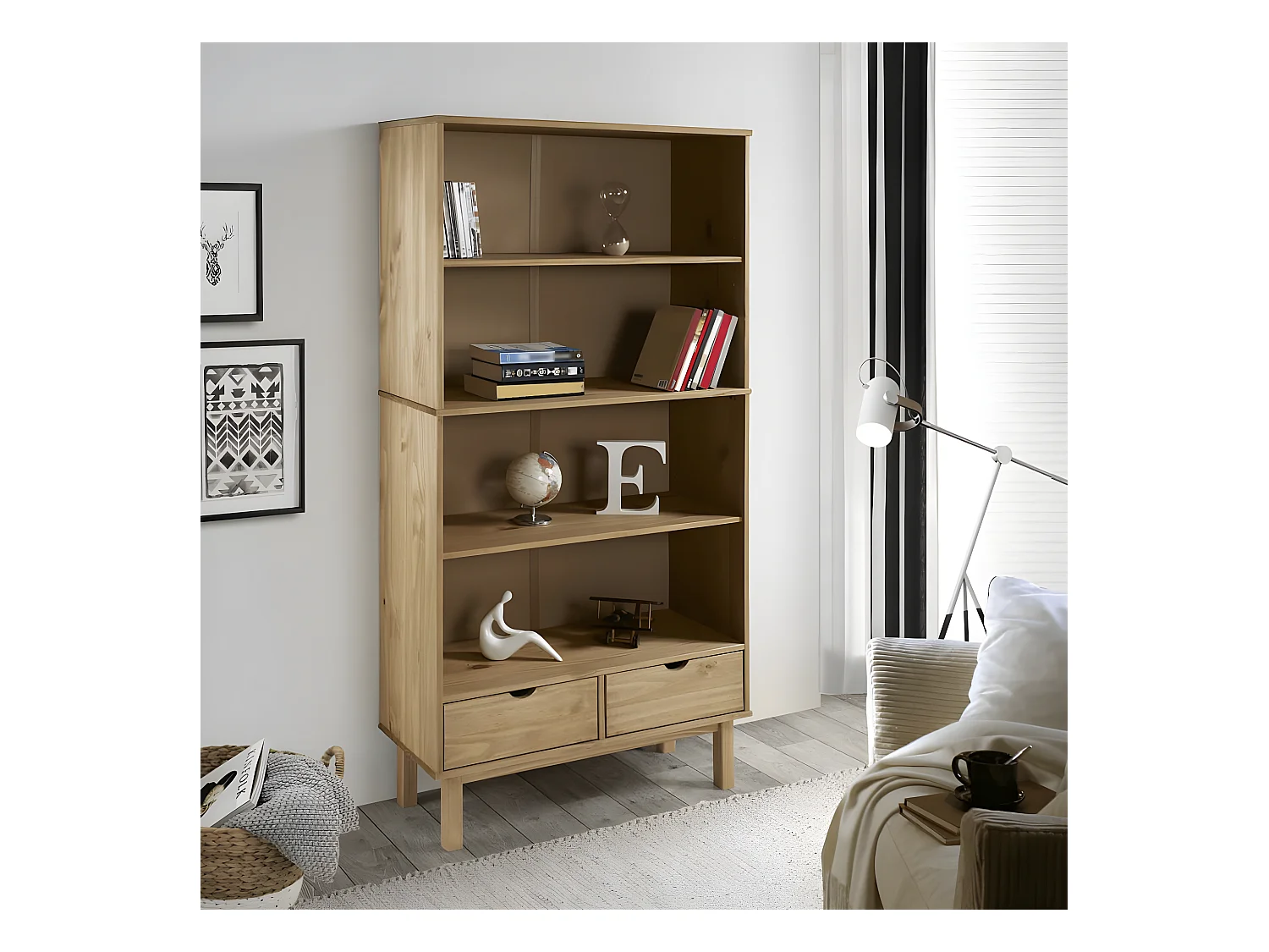 Bibliothèque OTTA avec 2 tiroirs Marron Bois massif pin