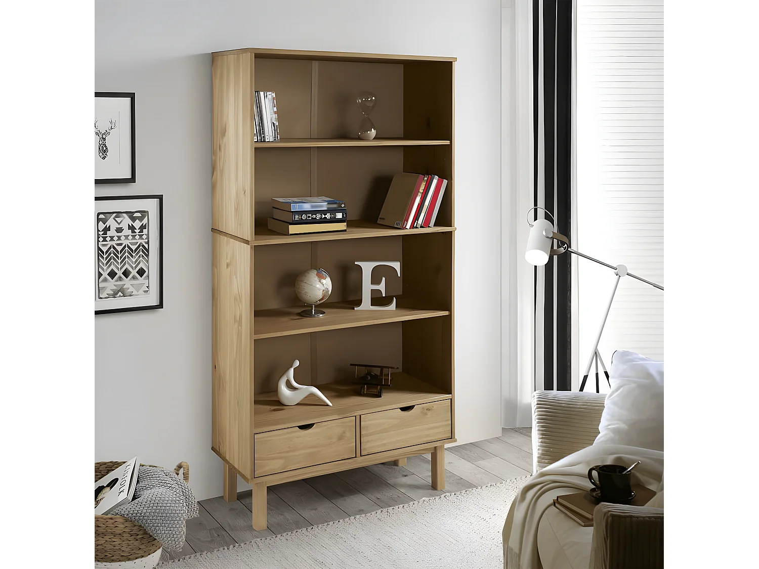 Bibliothèque OTTA avec 2 tiroirs Marron Bois massif pin