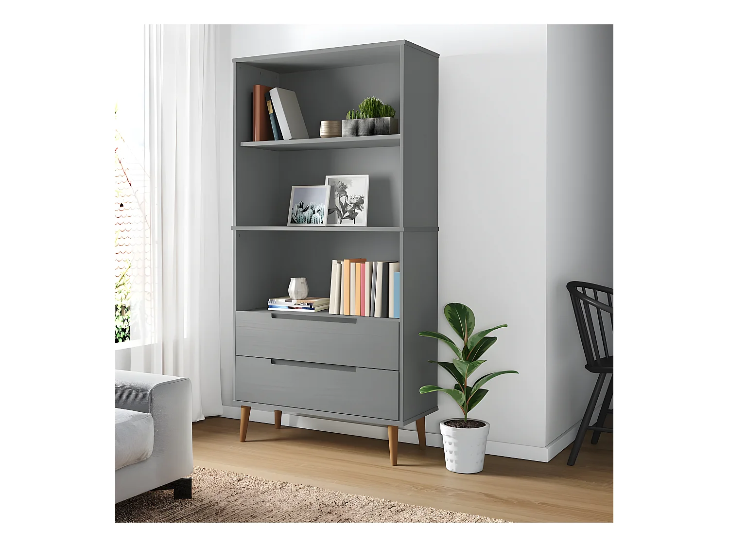 Bibliothèque MOLDE Gris 85x35x170,5 cm Bois massif de pin