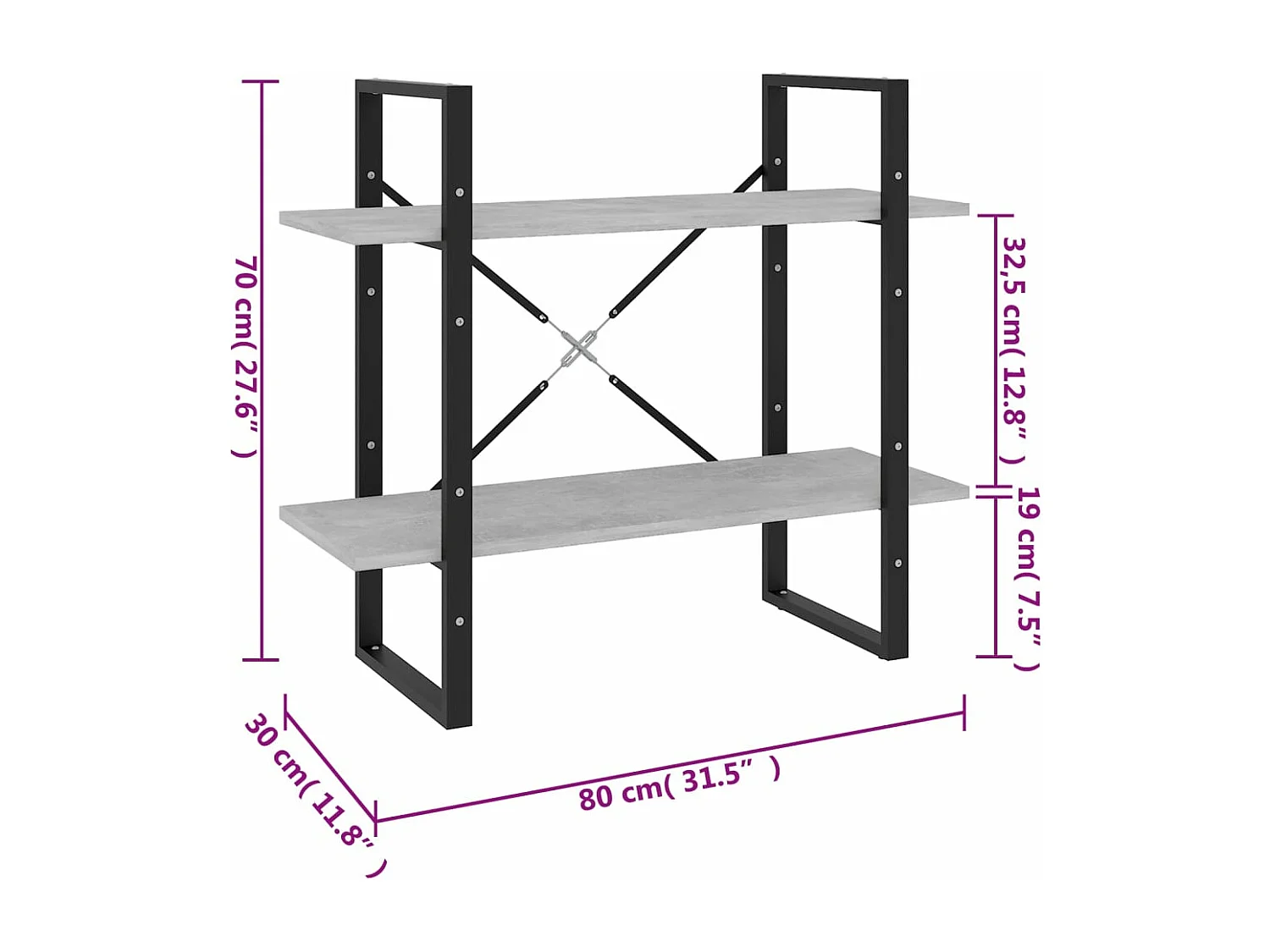Bibliothèque à 2 niveaux Gris béton 80x30x70 cm Aggloméré