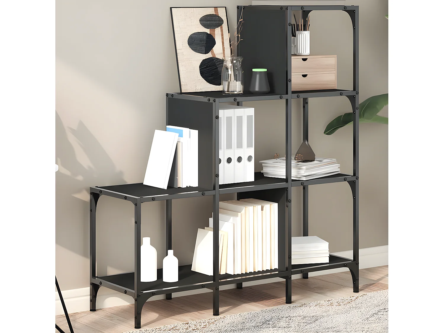 Bibliothèque noir 92x30x102 cm bois d'ingénierie et métal