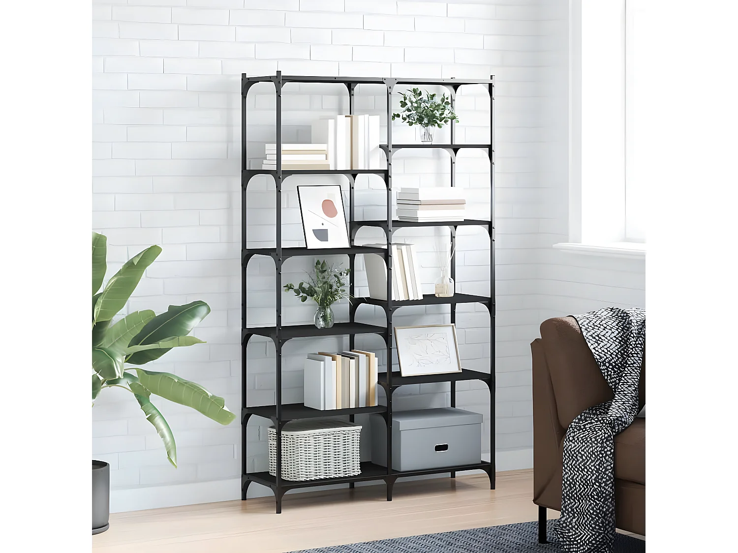 Bibliothèque noir 100x32x170 cm bois d'ingénierie et fer