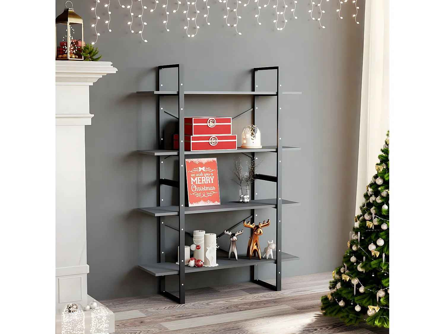 Bibliothèque à 4 niveaux Gris 100x30x140 cm Bois de pin massif