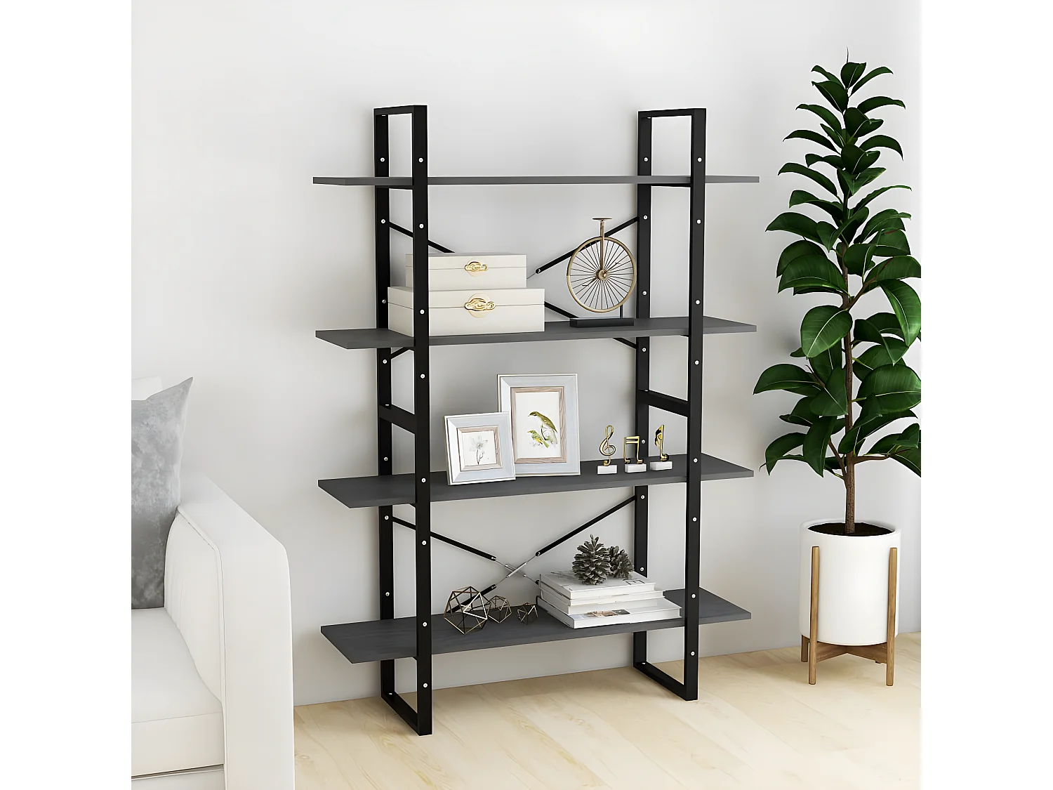 Bibliothèque à 4 niveaux Gris 100x30x140 cm Bois de pin massif