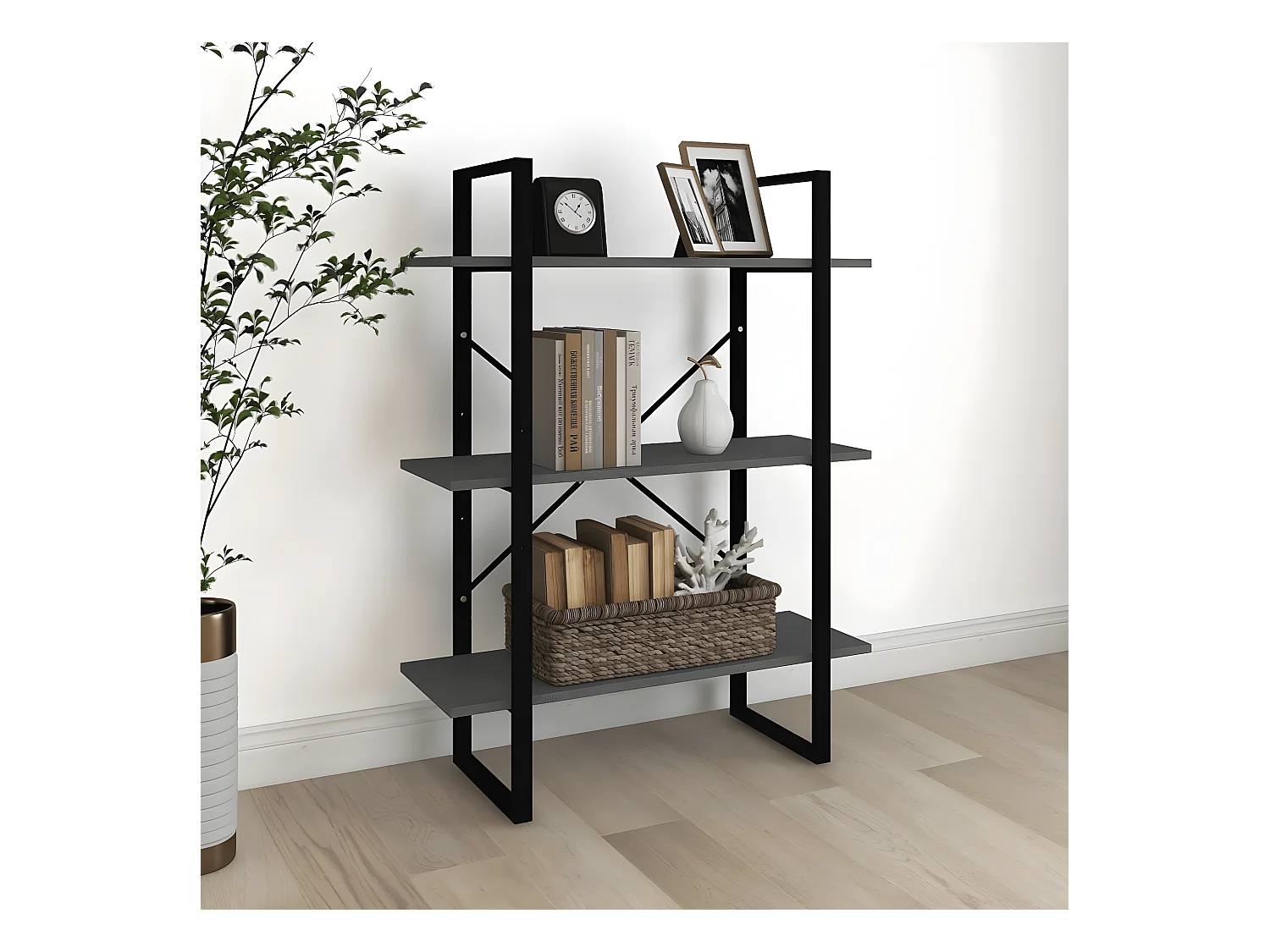Bibliothèque à 3 niveaux Gris 80x30x105 cm Bois de pin massif