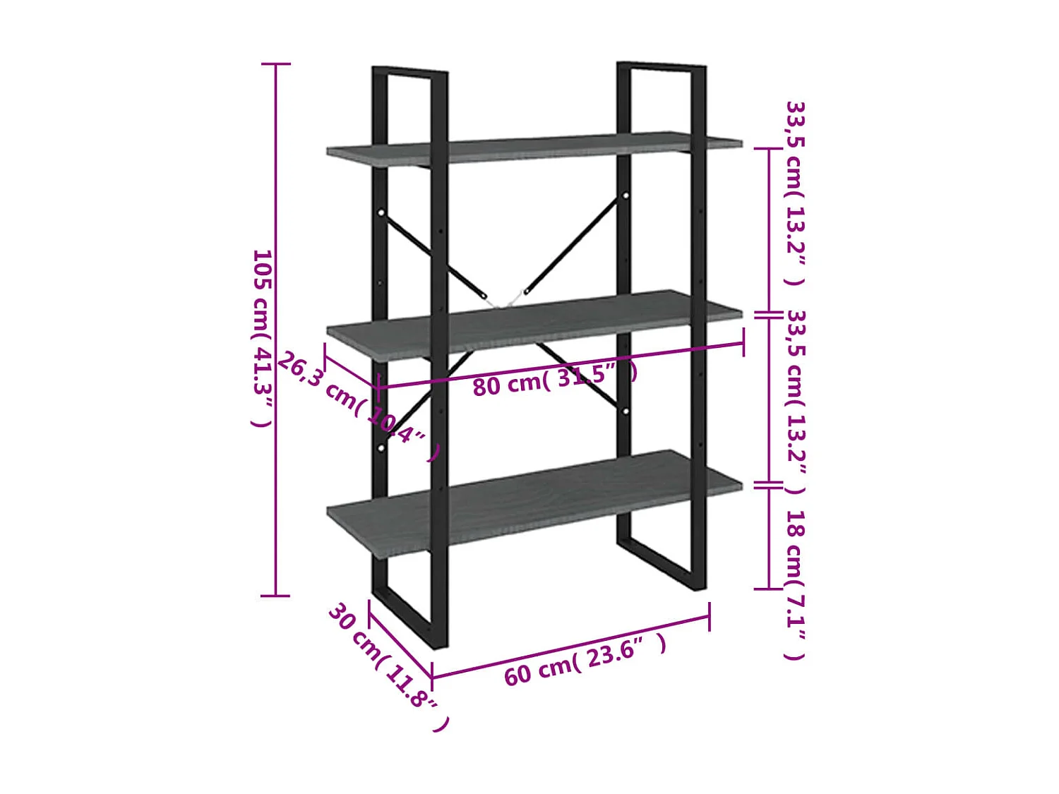 Boekenkastukkenmet 3 schappen 80x30x105 cm massief grenenhout grijs