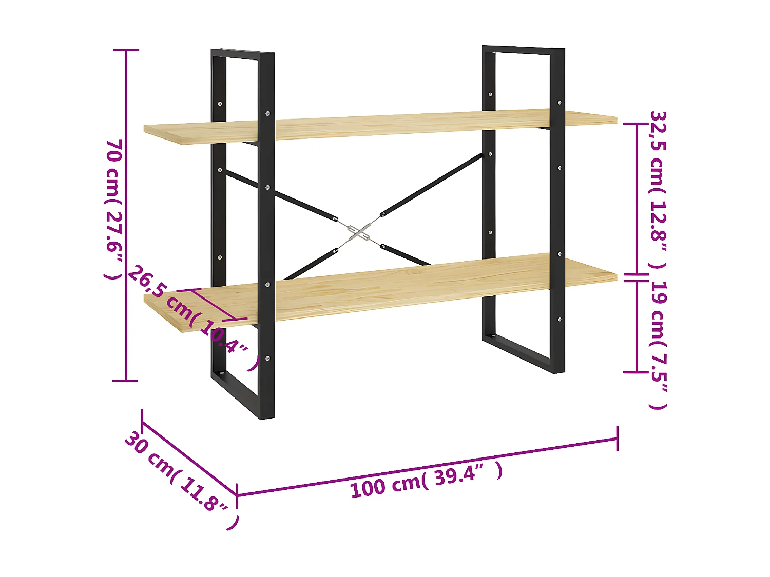 Estantería 2 niveles madera maciza de pino 100x30x70 cm