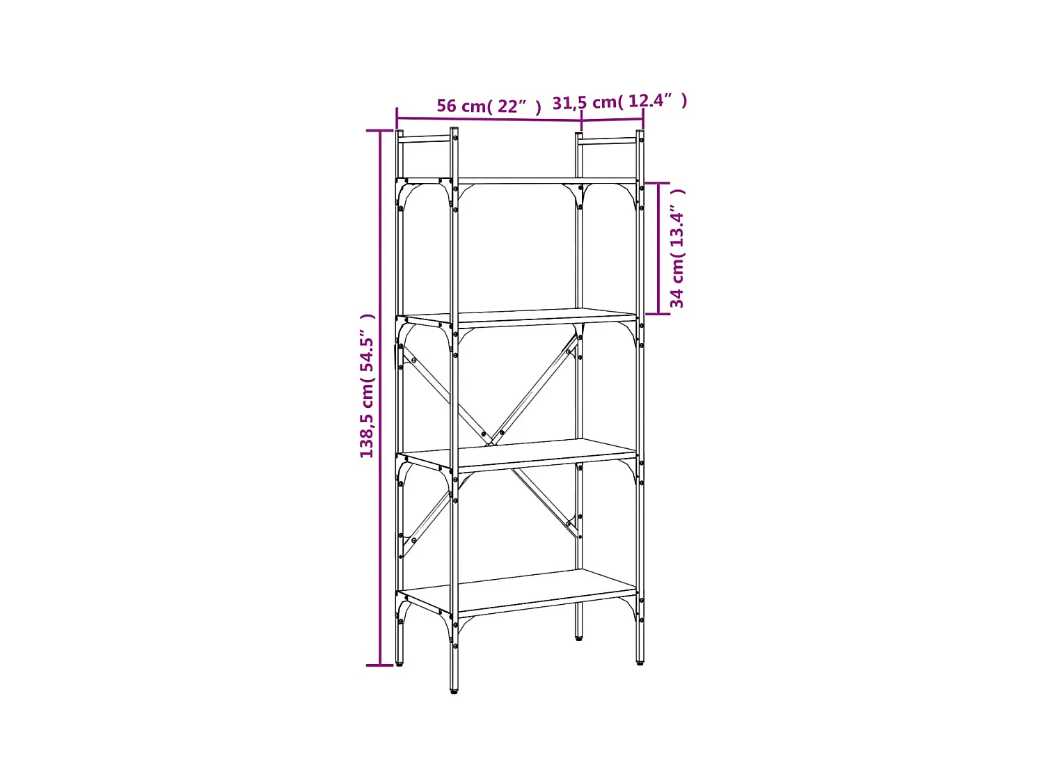 Boekenkast 4-laags 56x31,5x138,5 cm bewerkt hout grijs sonoma
