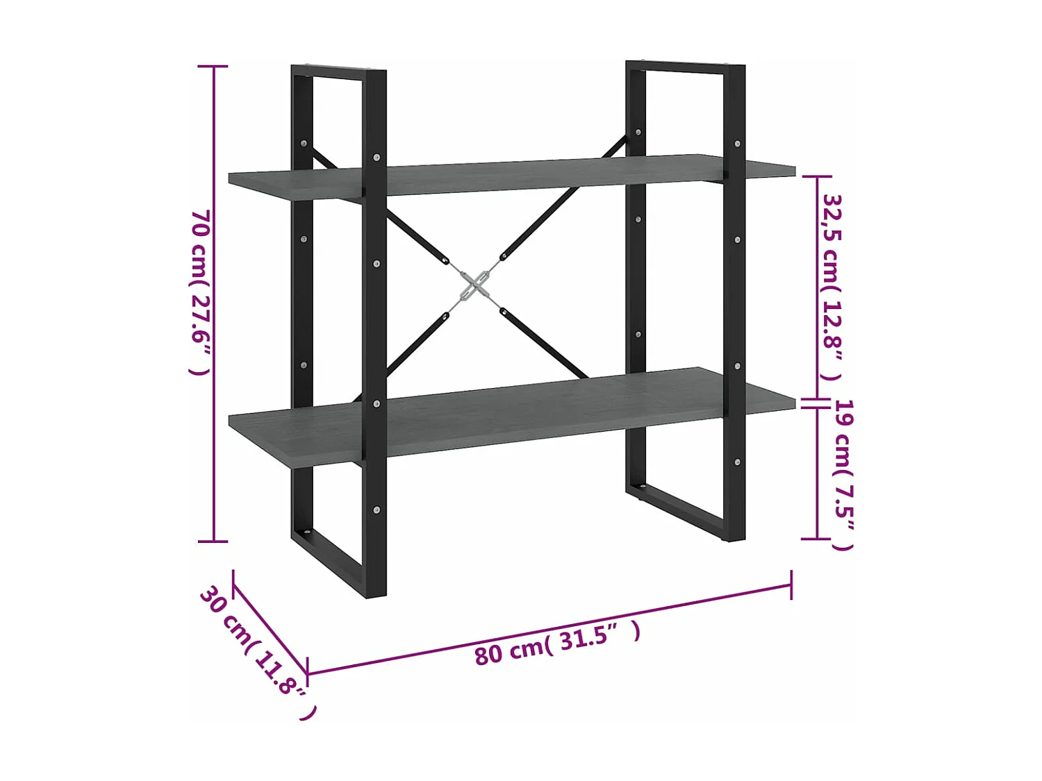 Boekenkastukkenmet 2 schappen 80x30x70 cm massief grenenhout grijs