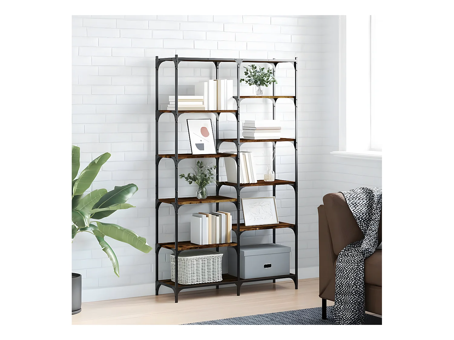 Bibliothèque chêne fumé 100x32x170 cm bois d'ingénierie et fer