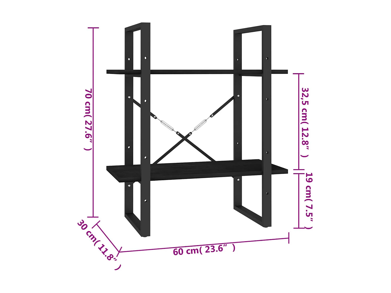 Bibliothèque à 2 niveaux Noir 60x30x70 cm Bois de pin massif